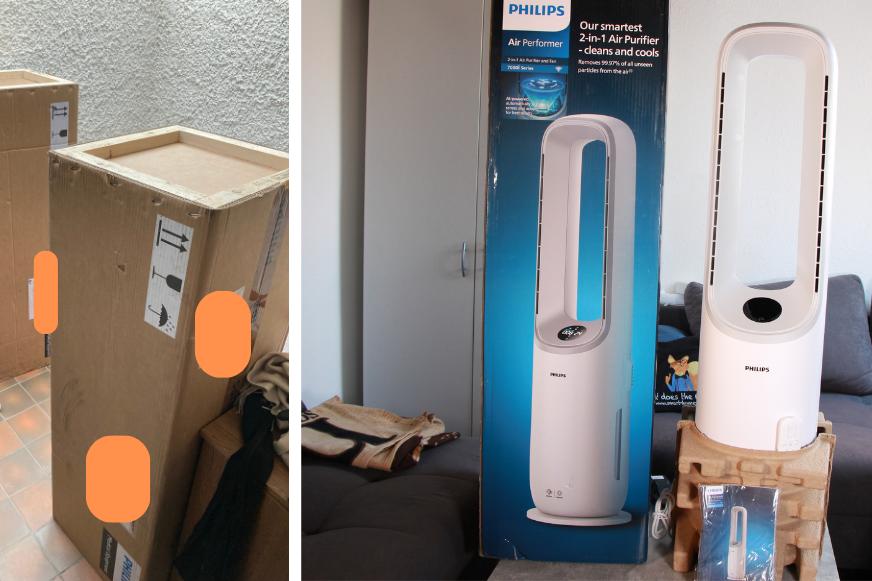 Die Lieferkartons des Philips Air Performer 7000 und 8000 stehen im Treppenhaus beieinander.